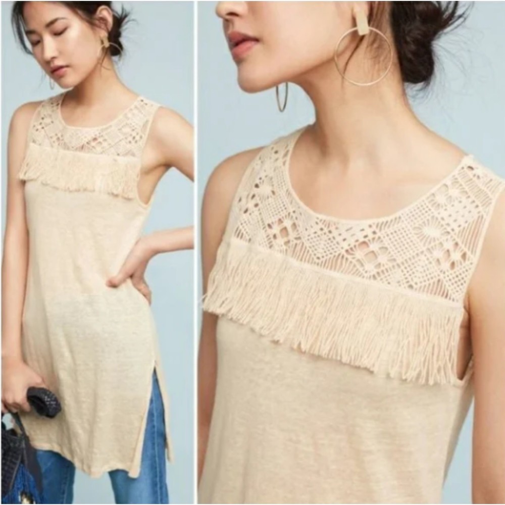 James Coviello/Anthropologie linen ivory fringe festival tank Size M Petite